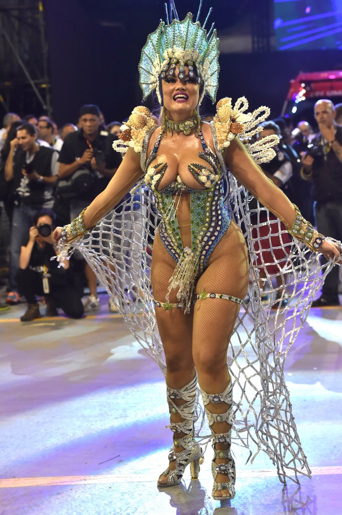 Revelers of the Rosas de Ouro samba school perform during the first night of the carnival parade at the Sambadrome in Sao Paulo, Brazil, on February 6, 2016. AFP PHOTO/NELSON ALMEIDA / AFP / NELSON ALMEIDA