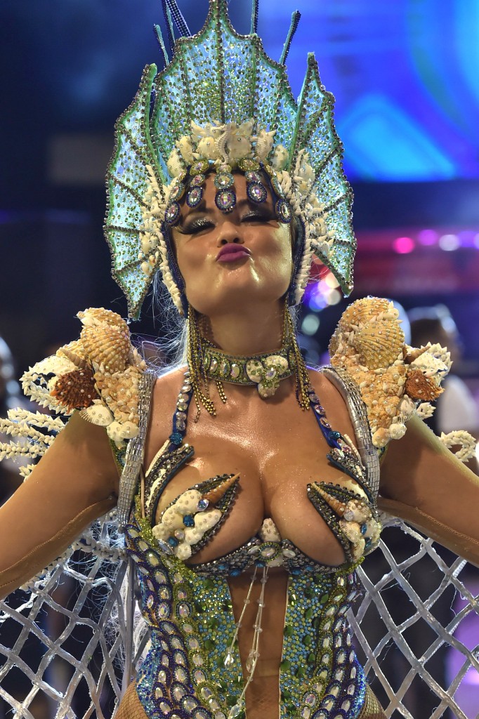 Revelers of the Rosas de Ouro samba school perform during the first night of the carnival parade at the Sambadrome in Sao Paulo, Brazil, on February 6, 2016. AFP PHOTO/NELSON ALMEIDA / AFP / NELSON ALMEIDA